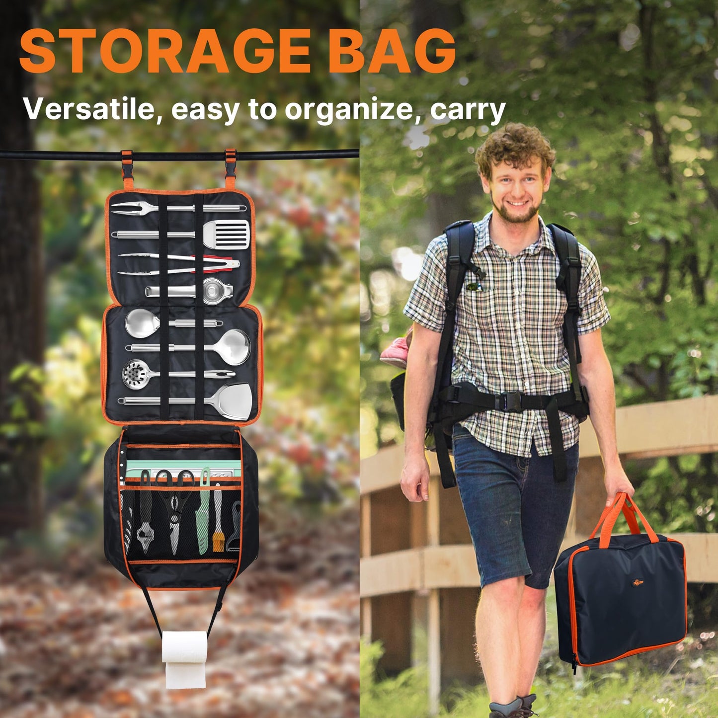 Gaialoop Camping Cooking Utensils Set 16 PCS Camp Kitchen Cookware Kit with Organizer Bag, Portable RV Camping Essentials Camper Must Haves for Cookouts Open Fire Pit