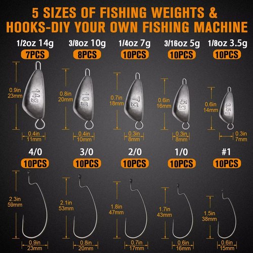 Dovesun 95Pcs Fishing Hooks and Weights Kit Texas Rig Hooks Swing Jig Heads for Bass Fishing Fishing Weights Sinkers with 1/8OZ 3/16OZ 1/4OZ 3/8OZ 1/2OZ Ned Rig Hooks Weedless 1# 1/0 2/0 3/0 4/0
