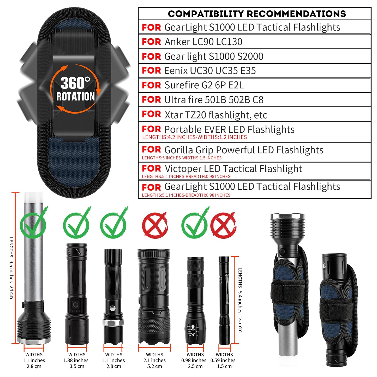 IronSeals 2 Pack 360° Rotatable Clip LED Flashlight Torch Holder Stretchable Adjustable Flashlight Torch Holster Holder Belt Case Pouch