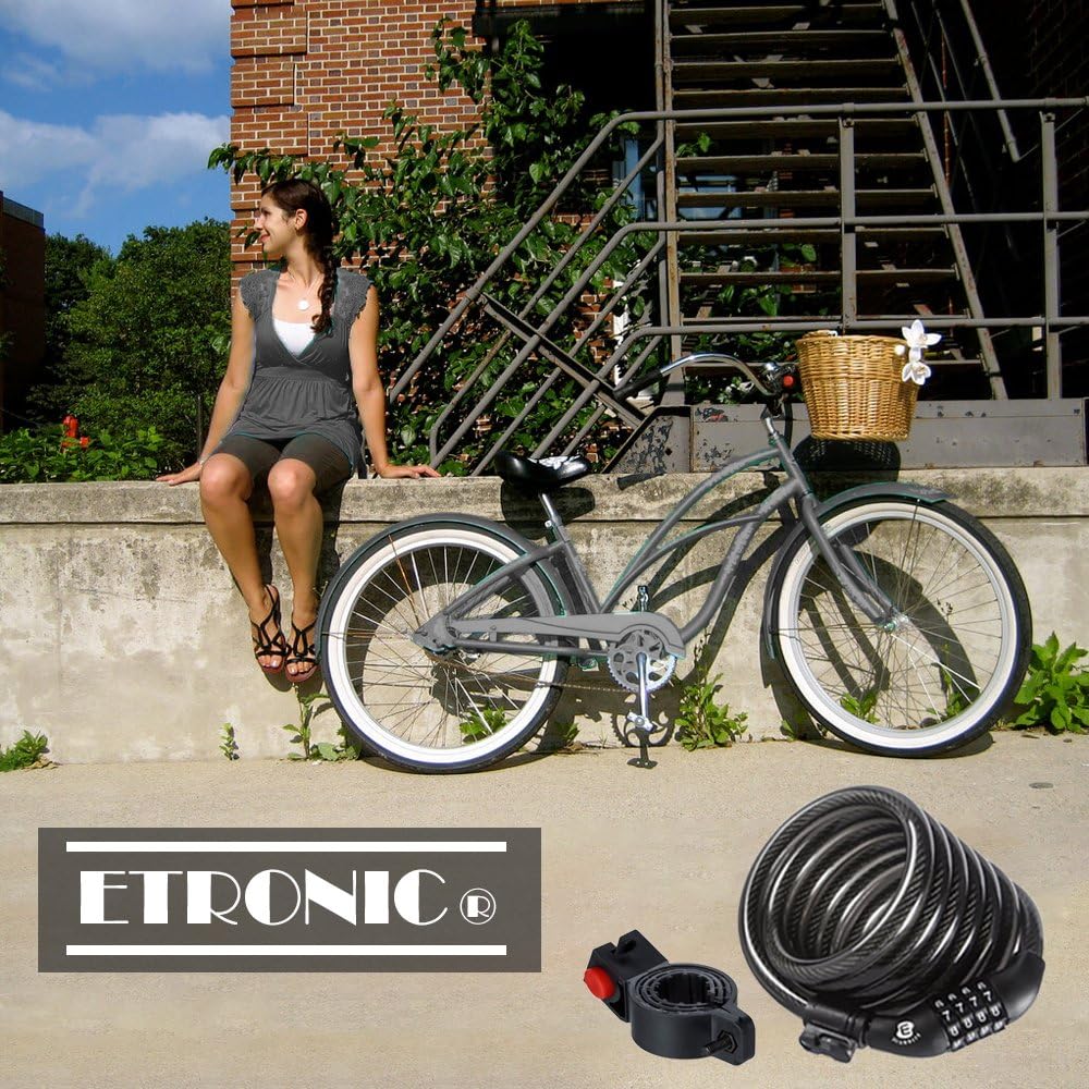 Secure Etronic 6ft Coiled Bike Lock - Resettable Combo Lock with Mounting Bracket