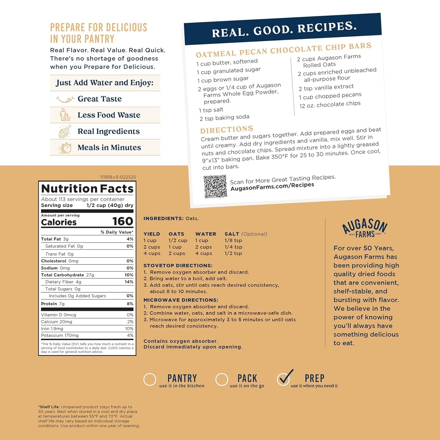 Augason Farms Regular Rolled Oats 4-Gallon Pail, Emergency Food Supply, Everyday Meals, 113 Servings