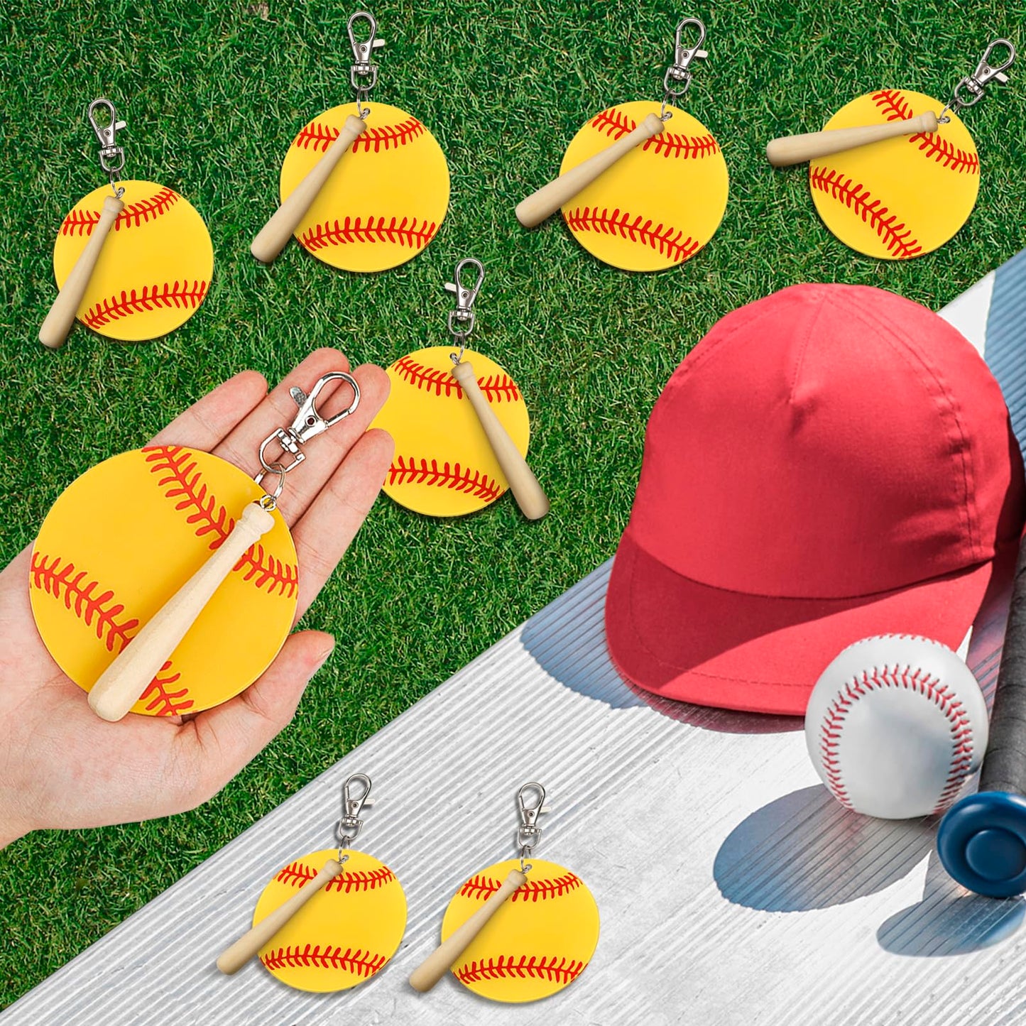 18 Sets Baseball Softball Acrylic Keychain Blanks Kit, AUHOKY 18Pcs Acrylic Baseball Blanks with 18 Miniature Softball Wood Bat, 18 Swivel Snap Keychain Hooks, 2 Pen for DIY Sports Party Favor(Yellow)