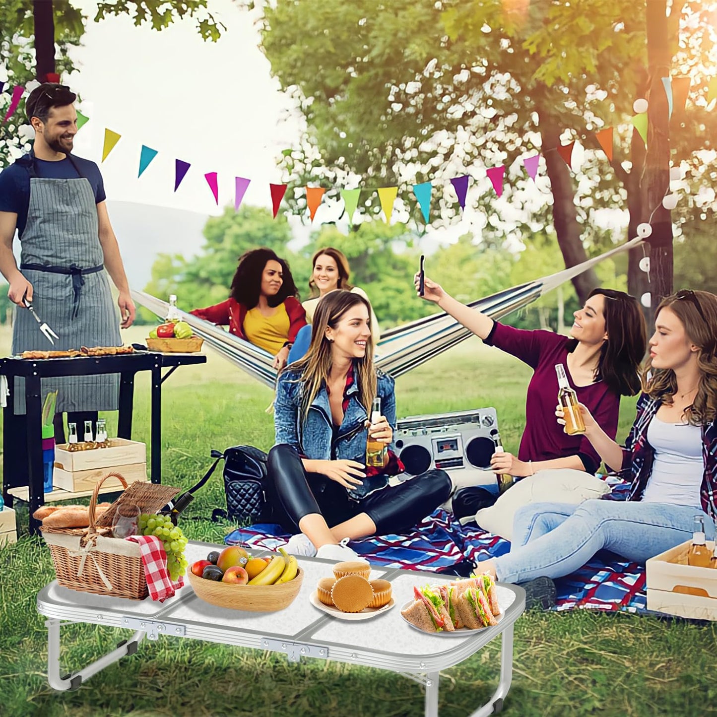 AO LI GEI Folding Camping Table Small with Storage Bag,Adjustable Height Portable Picnic Table,Upgraded Thickening Lightweight Outdoor Table Aluminum Legs (Sliver:15.7"x35.4", Height:10.6")