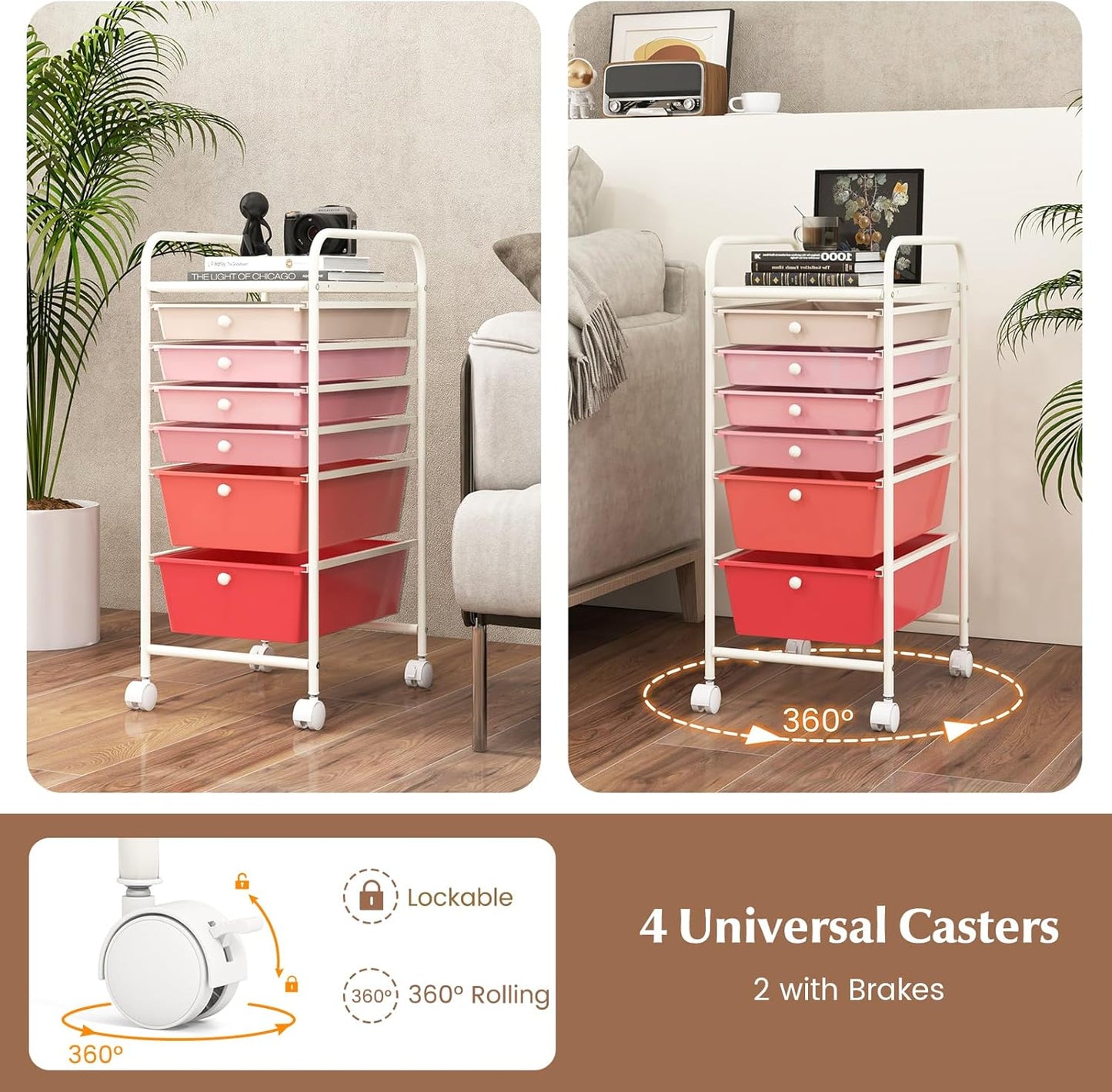 RELAX4LIFE 6-Drawer Rolling Storage Cart - Classroom Organization on Wheels w/Removable Plastic Drawers, Mobile Art Craft Cart for School Paper Home Office, Utility Cart with Drawers (Macaron)