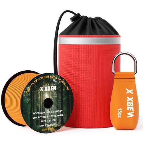 XBEN Arborist Throw Line Kit with 15oz Throw Weight, 150ft 3/19" Slick Rope & Reflective Storage Bag, Polyester Coated for Tree Trimming, Camping, Forestry Gear (4"x6" Orange Bag)