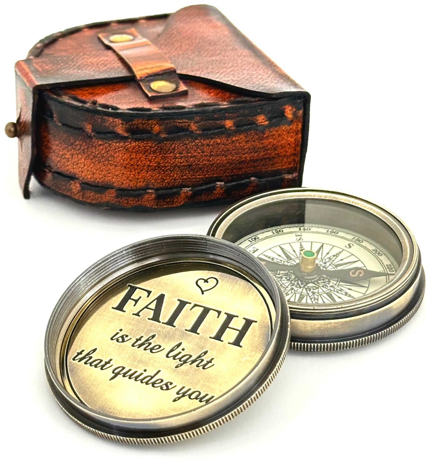 Faith Compass – Inspirational Gift for Men & Boys | Christian Baptism, Communion, Confirmation, or Graduation Present | “Faith is The Light That Guides You” Engraved | Leather Case