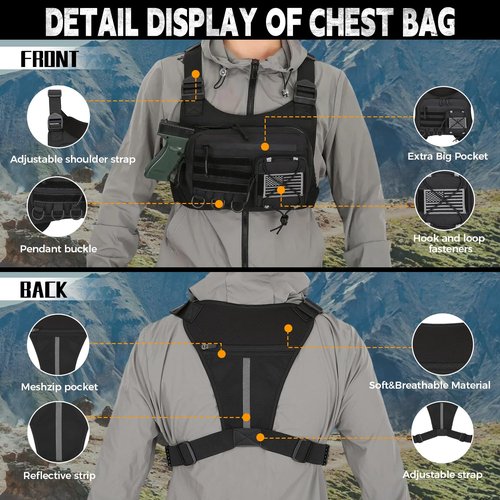 Outdoor Sports Chest Bag for Men, Chest Vest Holster Fits Most Pistols, Adjustable EDC Travel Chest Pack for Running, Hiking, Workouts (Black)