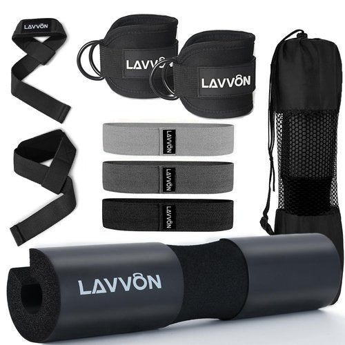 Barbell Pad Set for Hip Thrust 10Pcs- Squat Pad for Barbell Lunges & Bar Padding - Bench Press Standard Weight Bar Pad - With Ankle Straps, Wrist Straps for Weightlifting, 3 Lifting Strap (Black)
