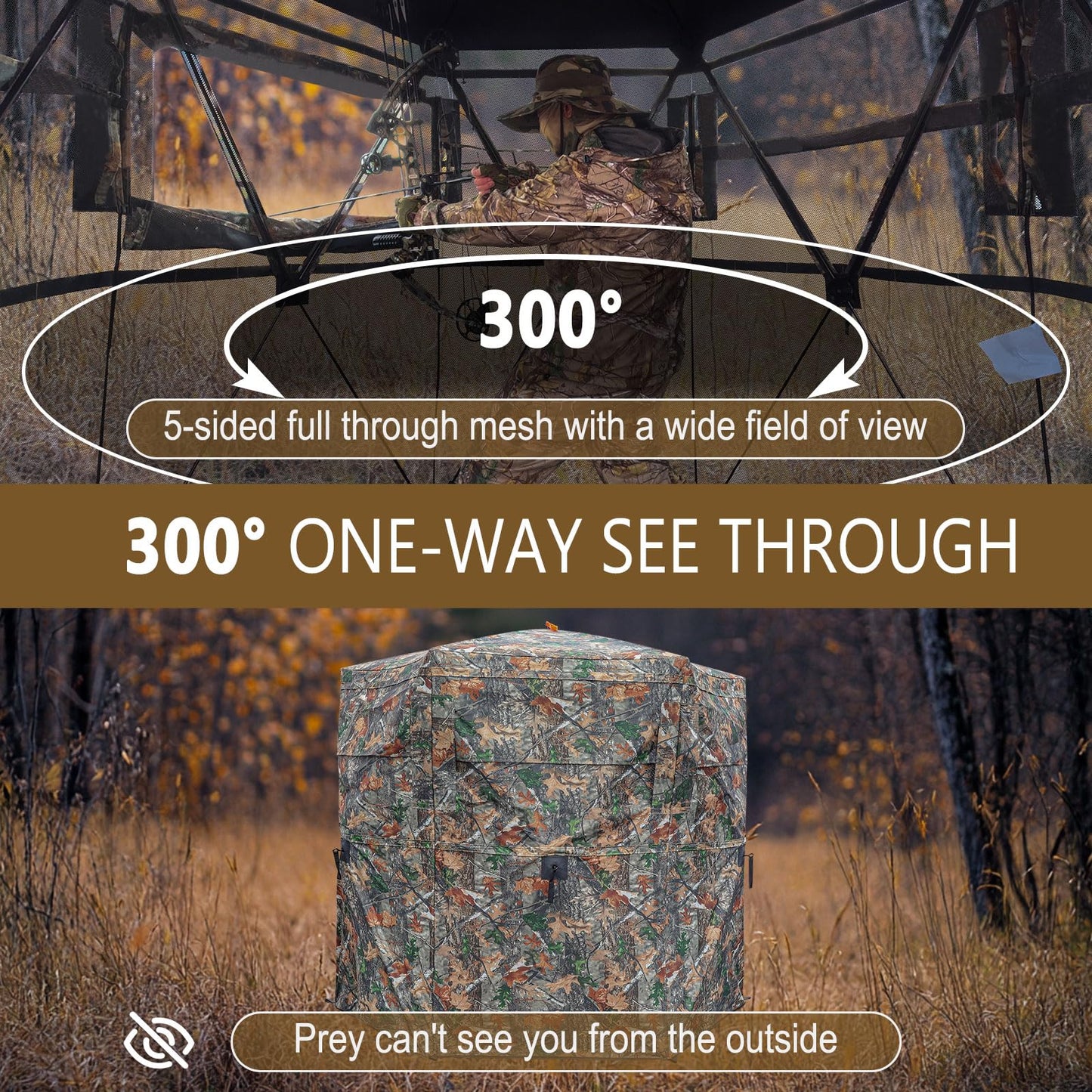 Kalkal Hunting Blind with Full Open Door, 2-3 Person 300° See Through Hunting Blind with Portable Bag, Stable 6-Sided Pop Up Ground Blind for Deer Turkey Bear Hunting