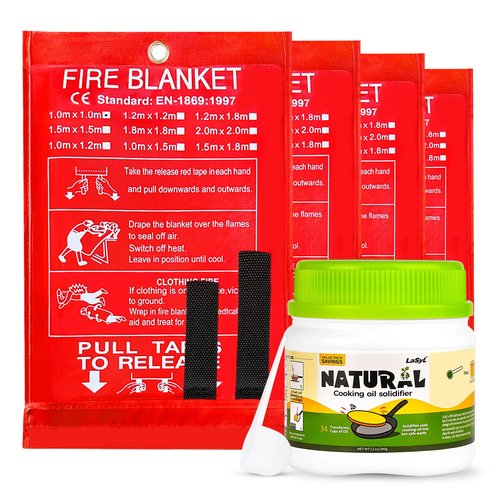 LaSyL Kitchen Kit - 4 Pack Fire Blanket & 12 Oz Cooking Oil Solidifier Powder - High-Temperature Resistant, Stay Away from Mess, Ideal for Home & Kitchen Use