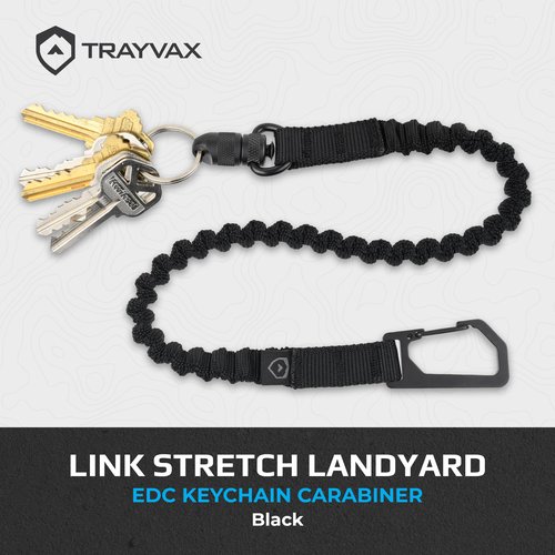 Trayvax Link Lanyard Keychain, Quick Release Stretch Carabiner Key Chain for Men and Women, Bungee Nylon, 25 Inch, Black
