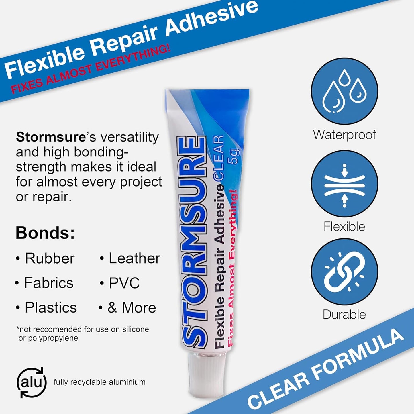 Stormsure Flexible Repair Adhesive: 3 x 5g Clear Glue - Highly Durable, Waterproof Glue for All Repairs