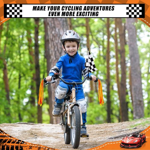 Liliful 5 Pcs Kids Bike Accessories Sets Include 2 Pcs Flame Bike Tassel Streamers Bell 2 Black and White Checkered Flags Pinwheel Toddler Kids Boys Girls Gift Decoration Kit