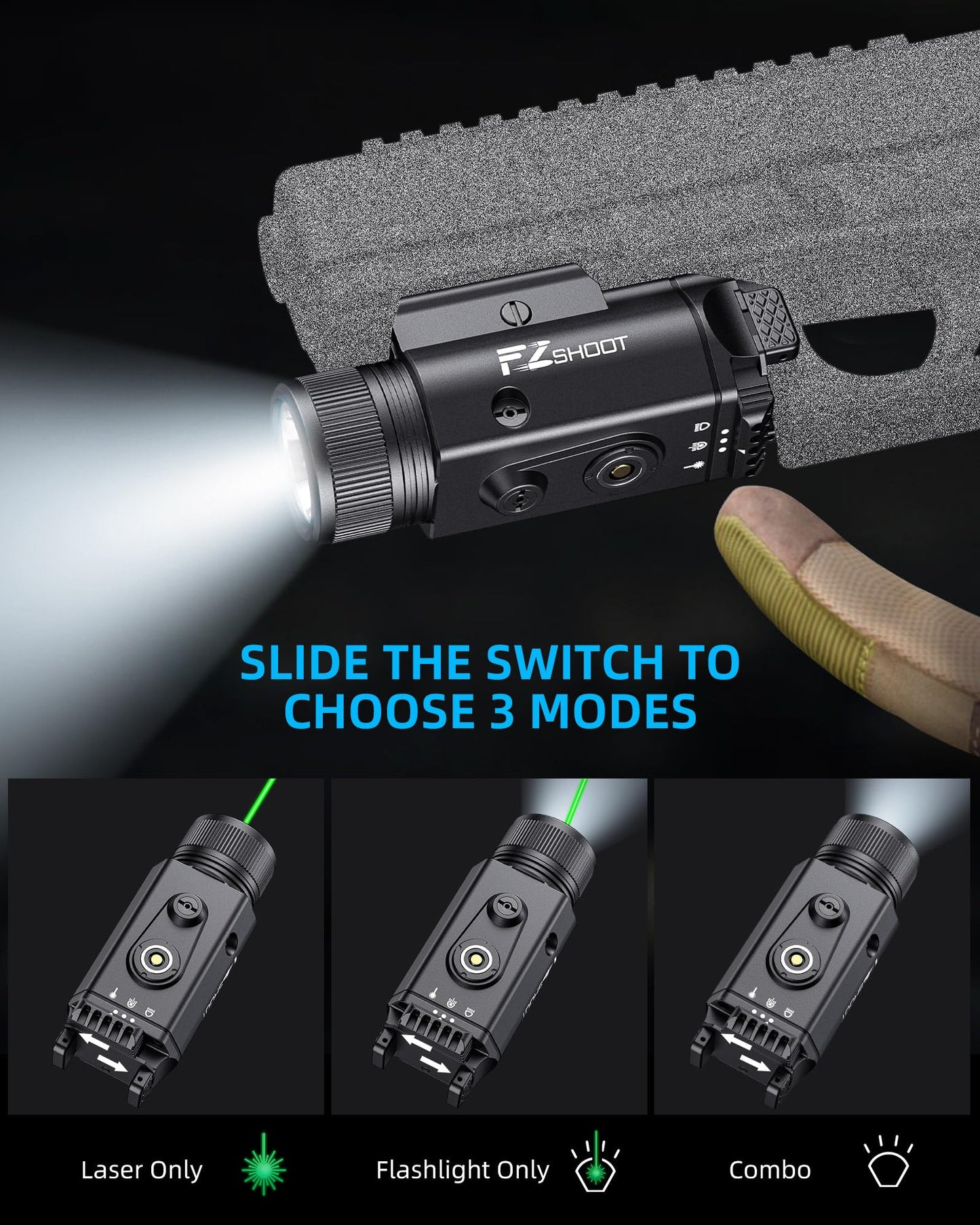 EZshoot 2400 Lumens Laser Light Combo with Strobe Mode, High Lumen Tactical Light for Pistol, Magnetic Rechargeable Green Laser Light with Quick Install Adjustable Slide Rail for Picatinny GL Rail