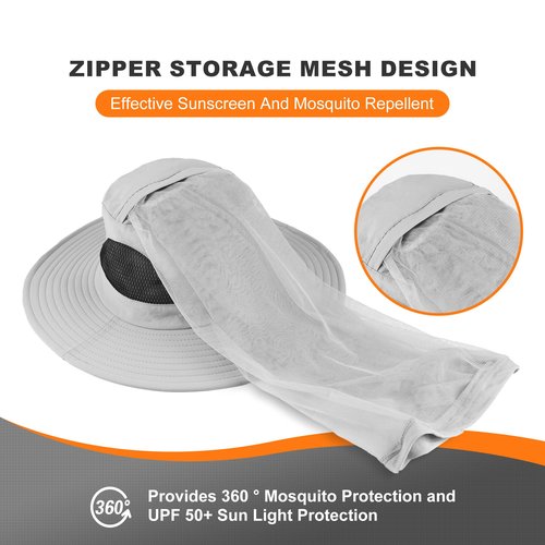 Mosquito Net Hat - Safari Sun Visor Hat with Removable Bug Net for Outdoor Men and Women Light Grey