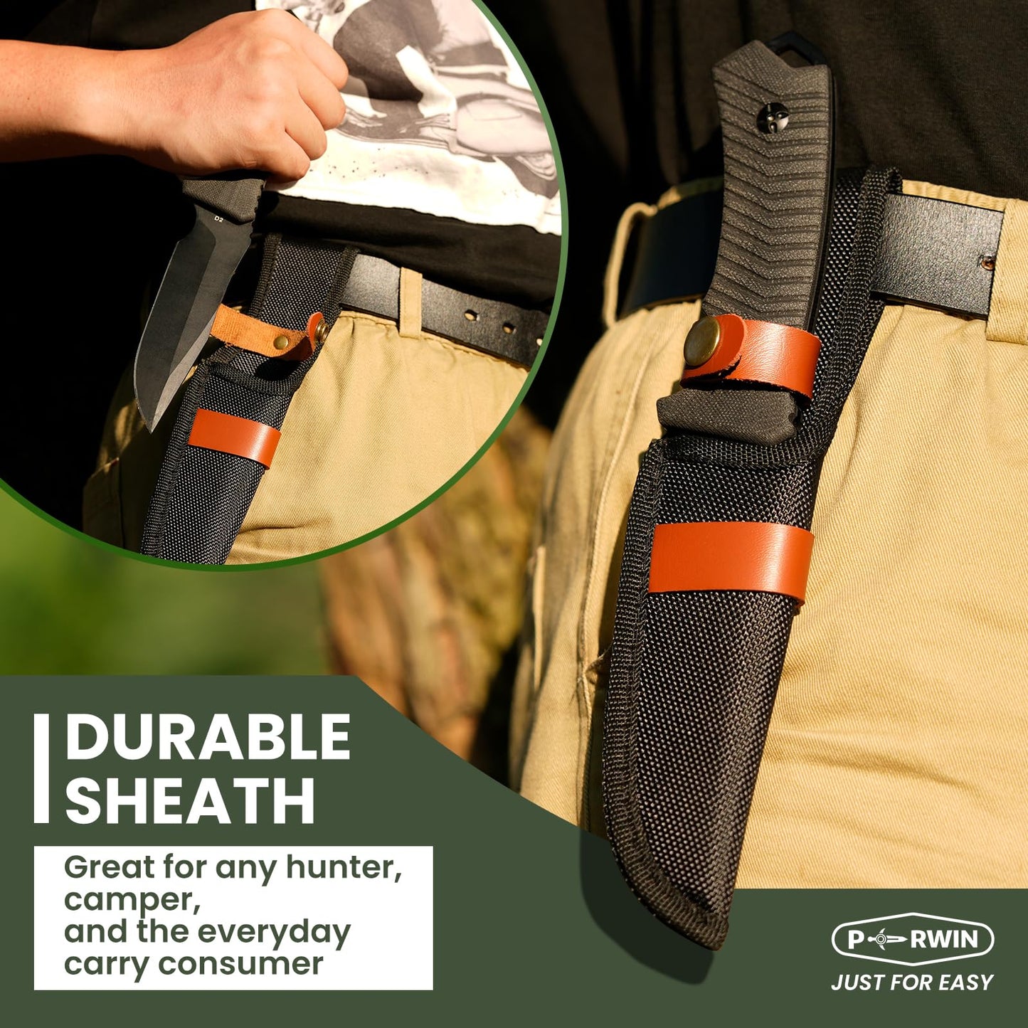 PERWIN Bushcraft Survival Knife - Outdoor Camping Hunting Fixed Blade With D2 Steel and G10 Handle for EDC, Sheath Included - Collection Gift for Him