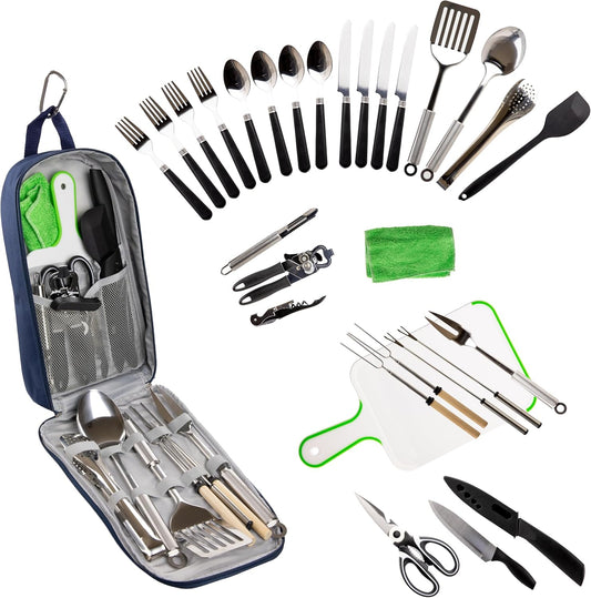12 Pcs Camp Cooking Utensil Set & Outdoor Kitchen Gear Cookware Kit, Portable Compact Carry Case for Camping, Hiking, Travel, BBQ Grilling Stainless Steel Accessories Spoon & Fork, Navy