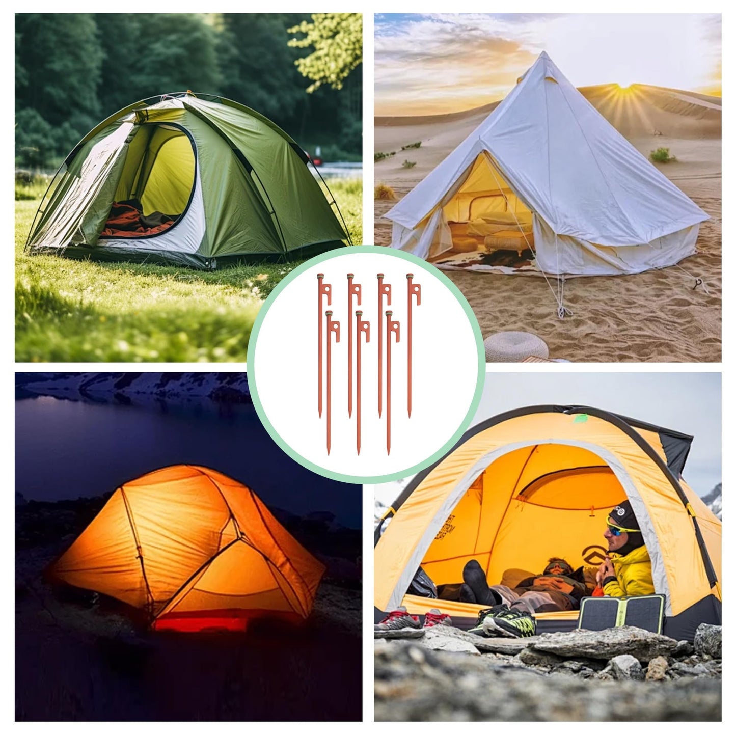 8 PCS Tent Stakes & Hammer Kit， Heavy Duty Metal Tent Pegs for Camping Steel Tent Stakes(Orange)