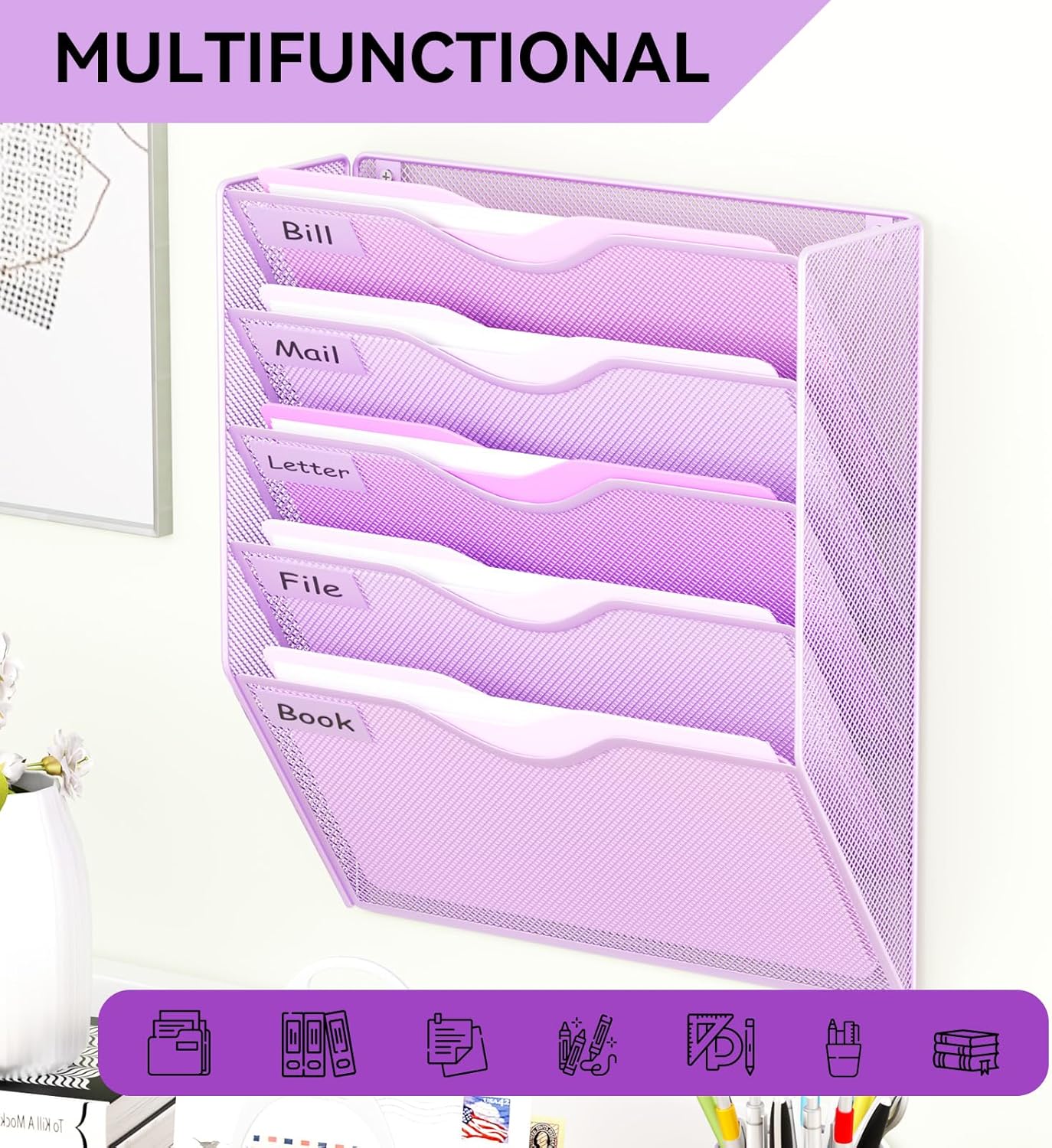 5 Pockets Mesh Hanging Wall File Holder Organizer Wall Mounted Paper Magazine Rack, Black