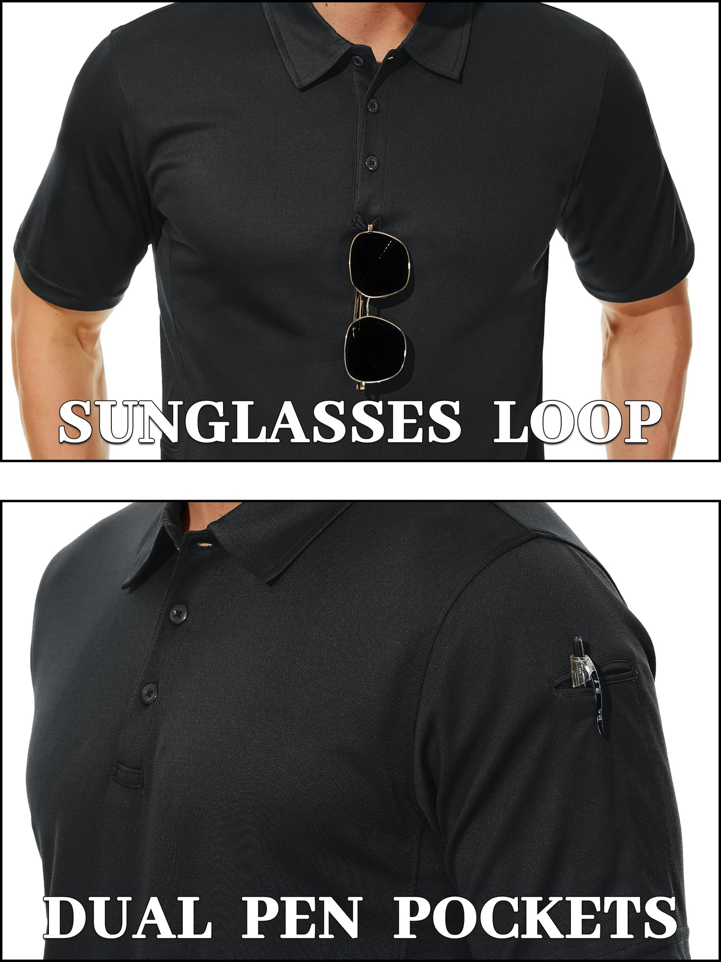 TACVASEN Black Polo Shirts for Men Short Sleeve Dry Fit Polos Moisture Wicking Collared Shirt Men for Golf Tactical Work Athletic L