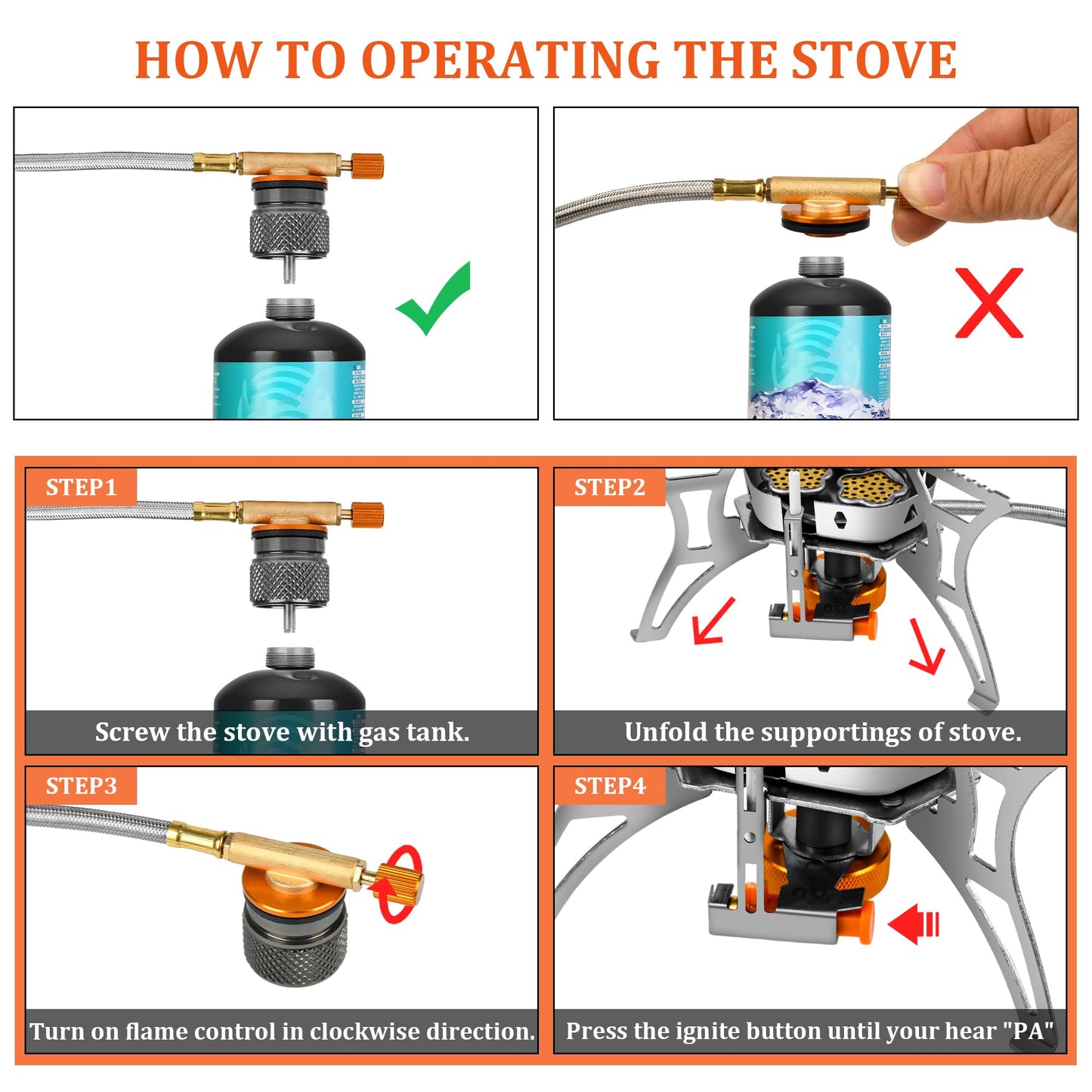 6800W Camping Backpacking Stove, Outdoor Portable Burner Cooking Stove with Fuel Canister Adapter, Piezo Ignition, Carry Case, Foldable Windproof Camping Gas Stove for Picnic Hiking
