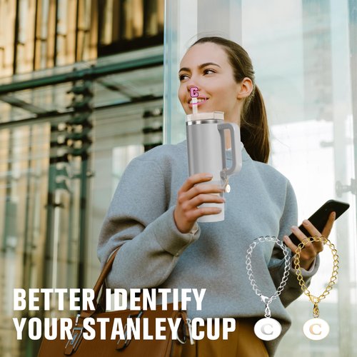 Orehymbe Letter Charm Compatible with Stanley Cup, 2PCS Personalized ID Initial Letter Charm Accessories with 2PCS Straw Cover Cup for 30&40 Oz Tumbler with Handle 10mm (Letter C)