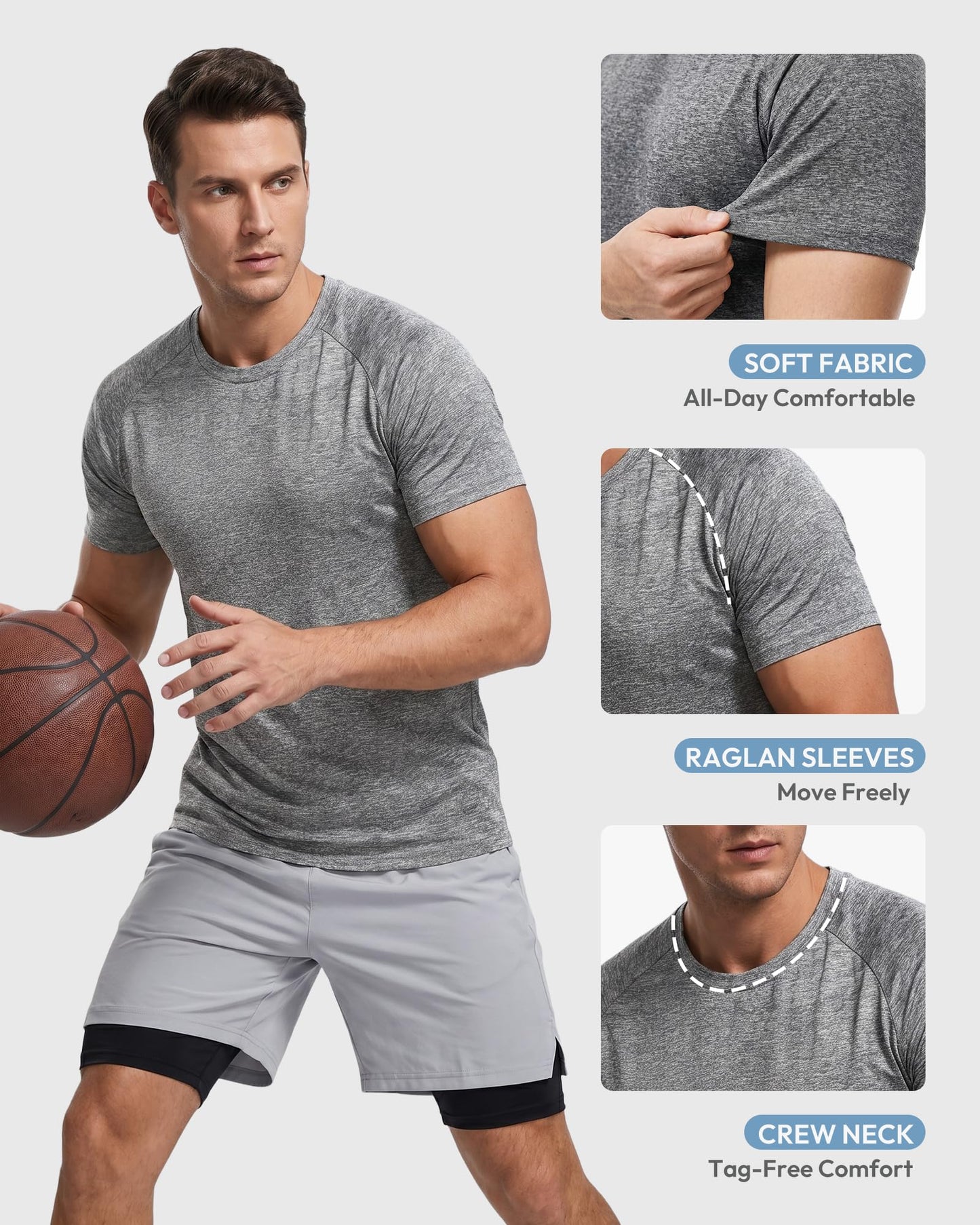 MCPORO Workout Shirts for Men Short Sleeve Quick Dry Athletic Gym Active T Shirt Moisture Wicking 5 Pack Black, Dark Blue, Army Green, Light Grey, Hydro Teal Medium