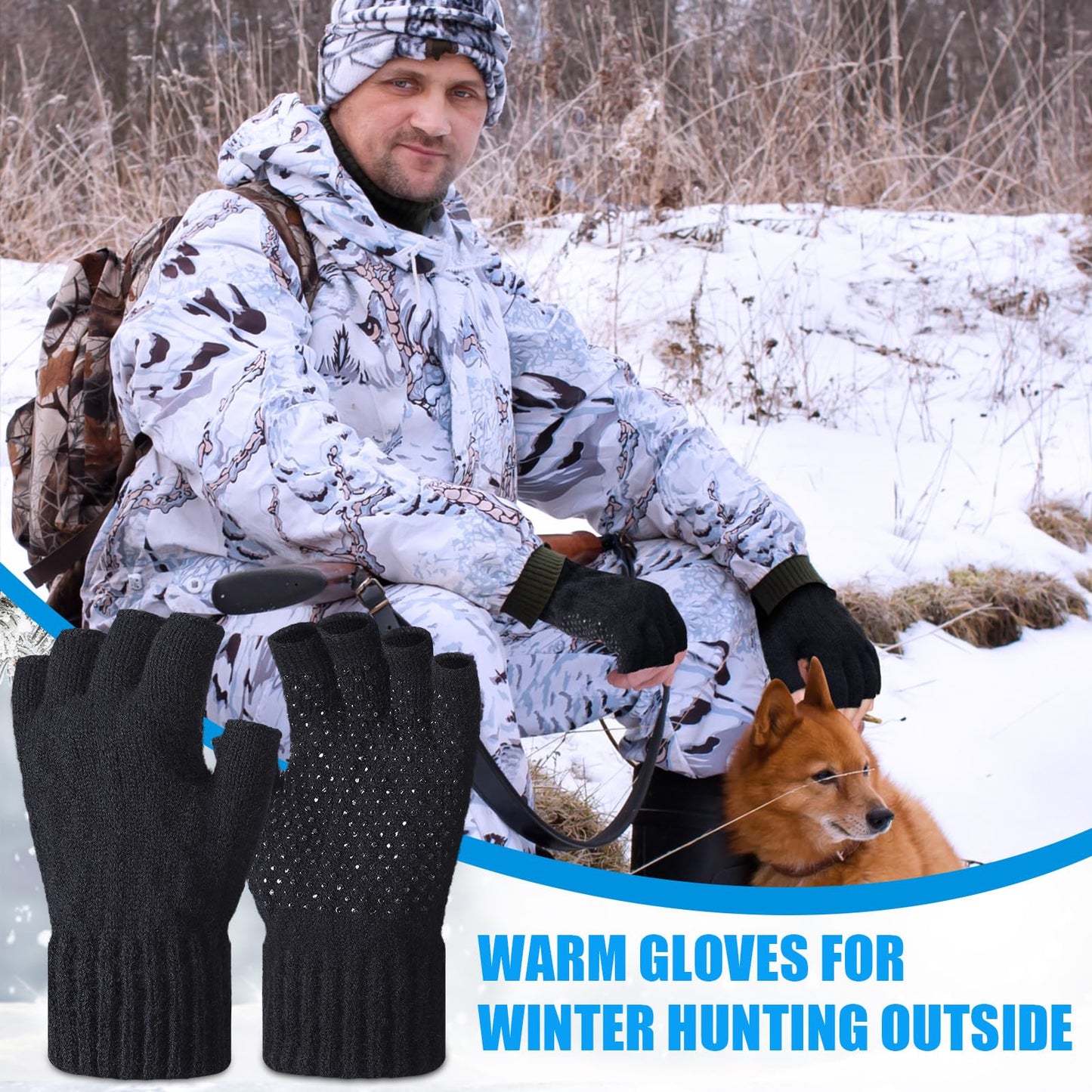 Geyoga 2 Pairs Wool Fingerless Fishing Gloves for Men Women Anti-Slip with Grip Dots Warm Winter Fly Ice Fishing Gloves(Black and Gray,Fingerless)