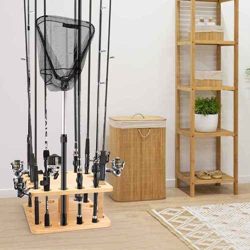 okkoCoin Fishing Rod Holders for Garage,Floor Stand Holds up to 16 Rods Wood Fishing Gear Equipment Storage Organizer, Fishing Gifts for Men