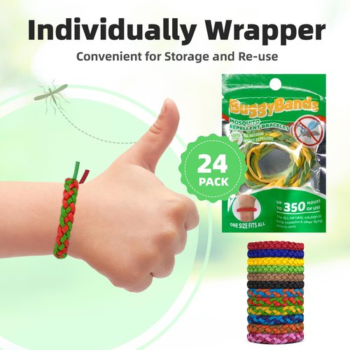 BuggyBands Mosquito Repellent Bracelets, DEET-Free, Individually Wrapped PU Leather Insect & Bug Repellent Wrist Bands (Pack of 24)