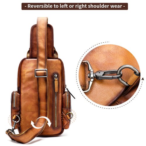 NIUCUNZH Genuine Leather Sling Bag Vintage Handmade Crossbody Bags Shoulder Backpack Hiking Daypack Travel Pack Brown