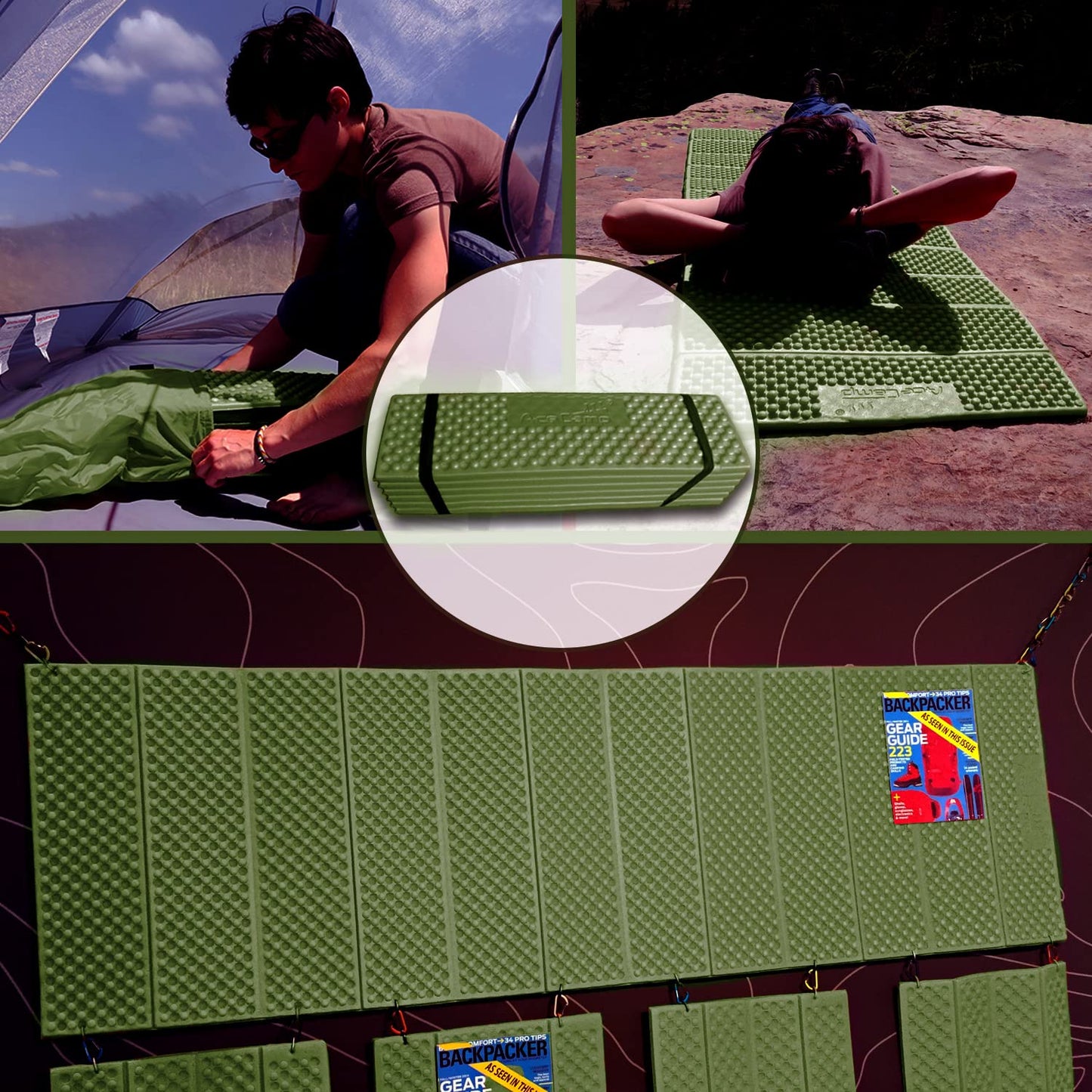 AceCamp Portable Foam Sleeping Pad, Full Length Accordion Sleeping Mat for Camping & Hiking, Lightweight, Soft & Compact Cushion for Sleeping Bag, Comfort, Tent, Rocky Terrain Green