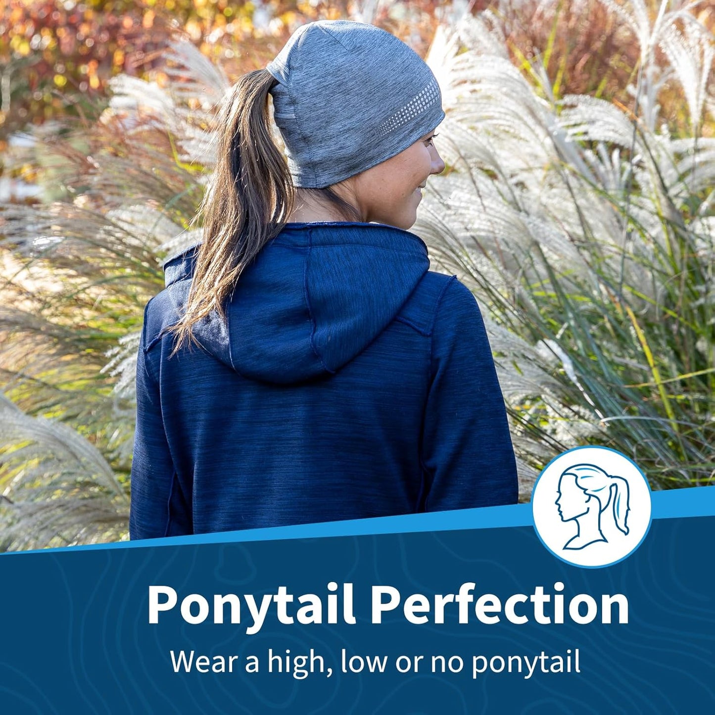 TrailHeads Ponytail Hat - Adrenaline Series | Women’s Running Beanie with Reflective Accents | Black Skull Cap