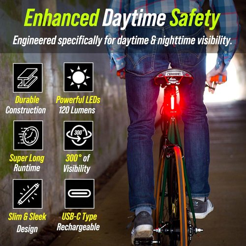 BLITZU Cyborg 120T USB-C Rechargeable Bike Tail Light 2-Pack - Bright Safety Flashlight for Night Riding, 4 Light Modes