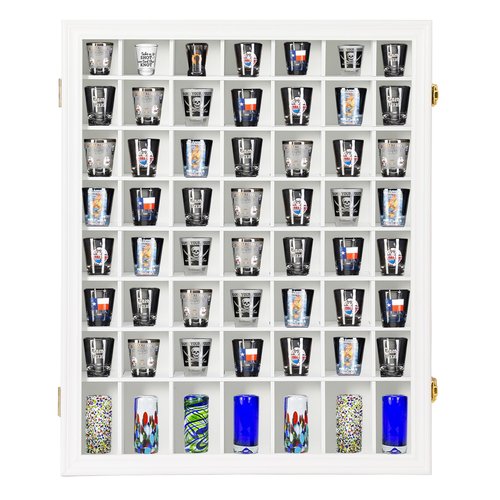 Shot Glass Display Case Wooden Cabinet Rack Holder Wall Mounted 56 Slots White Shadow Box Lockable with UV Protection Acrylic Glass Door Shot Glass Storage Display with Removable Shelves, 23.3"x18.74"