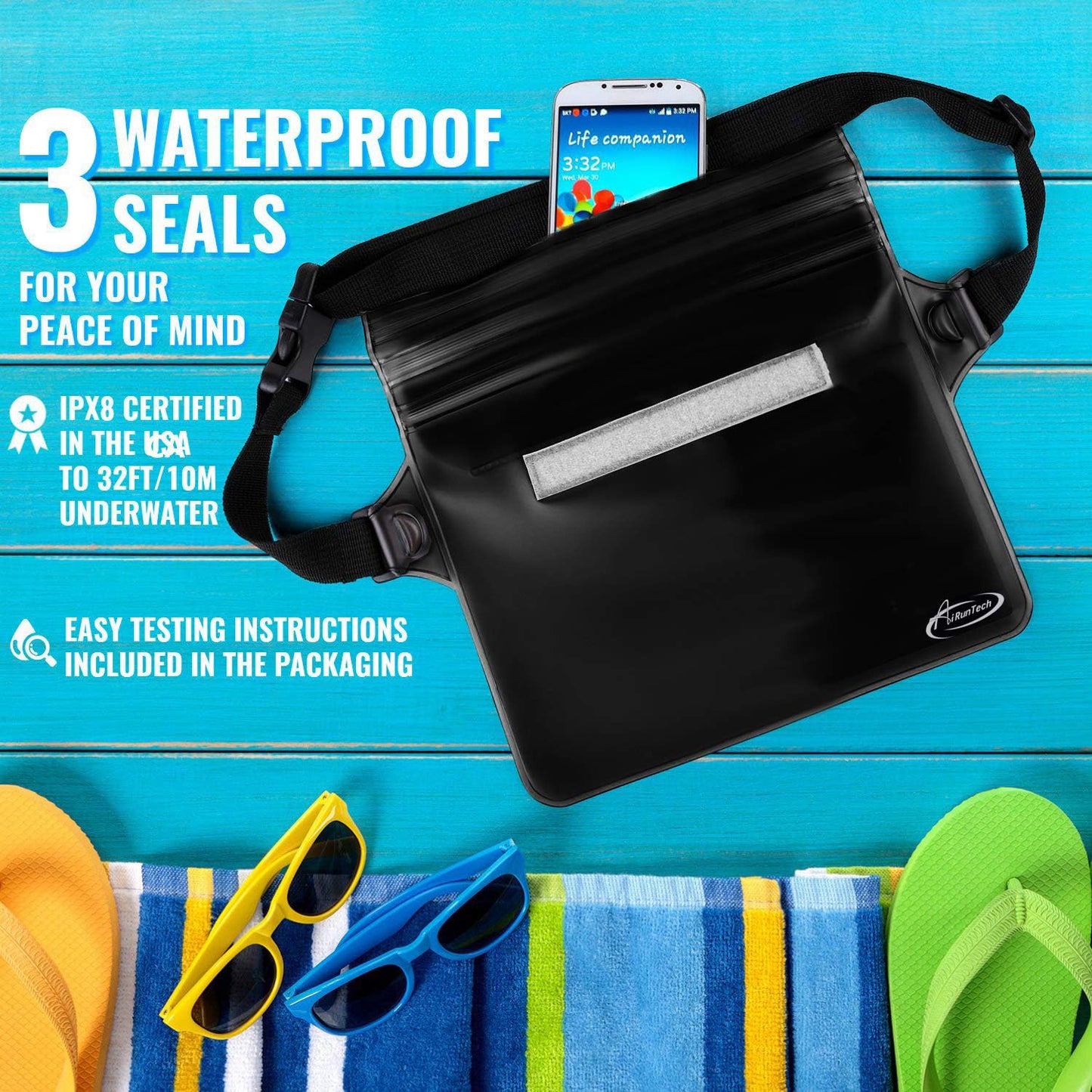 AiRunTech Waterproof Fanny Pack,Waterproof Phone Pouch for iPhone16 15 14 13 12 11 Pro Max,IPX8 Dry Bag for Snorkeling Beach Cruise Kayaking Pool Swimming(Phone Case + Waist Bag 2-Piece Set)