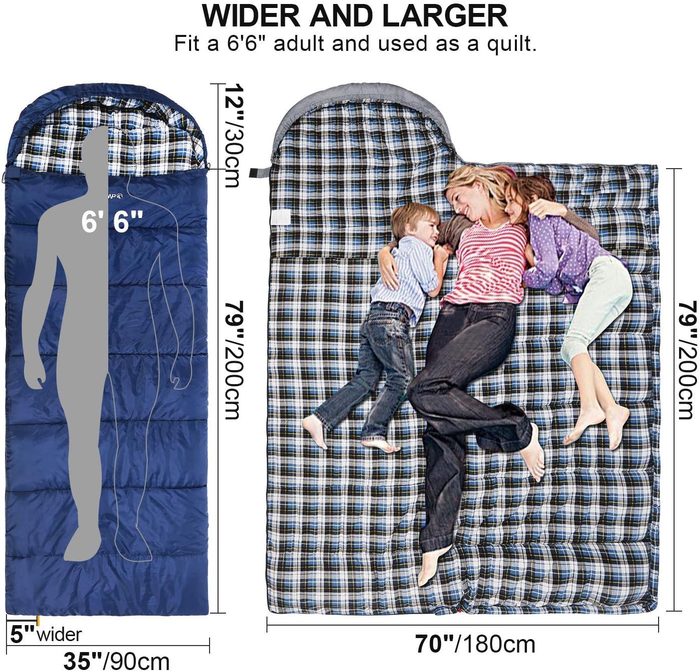 REDCAMP Flannel Sleeping Bag for Adults, Comfortable Cotton Sleeping Bags for Camping with Detachable Hood, Red/Grey/Blue