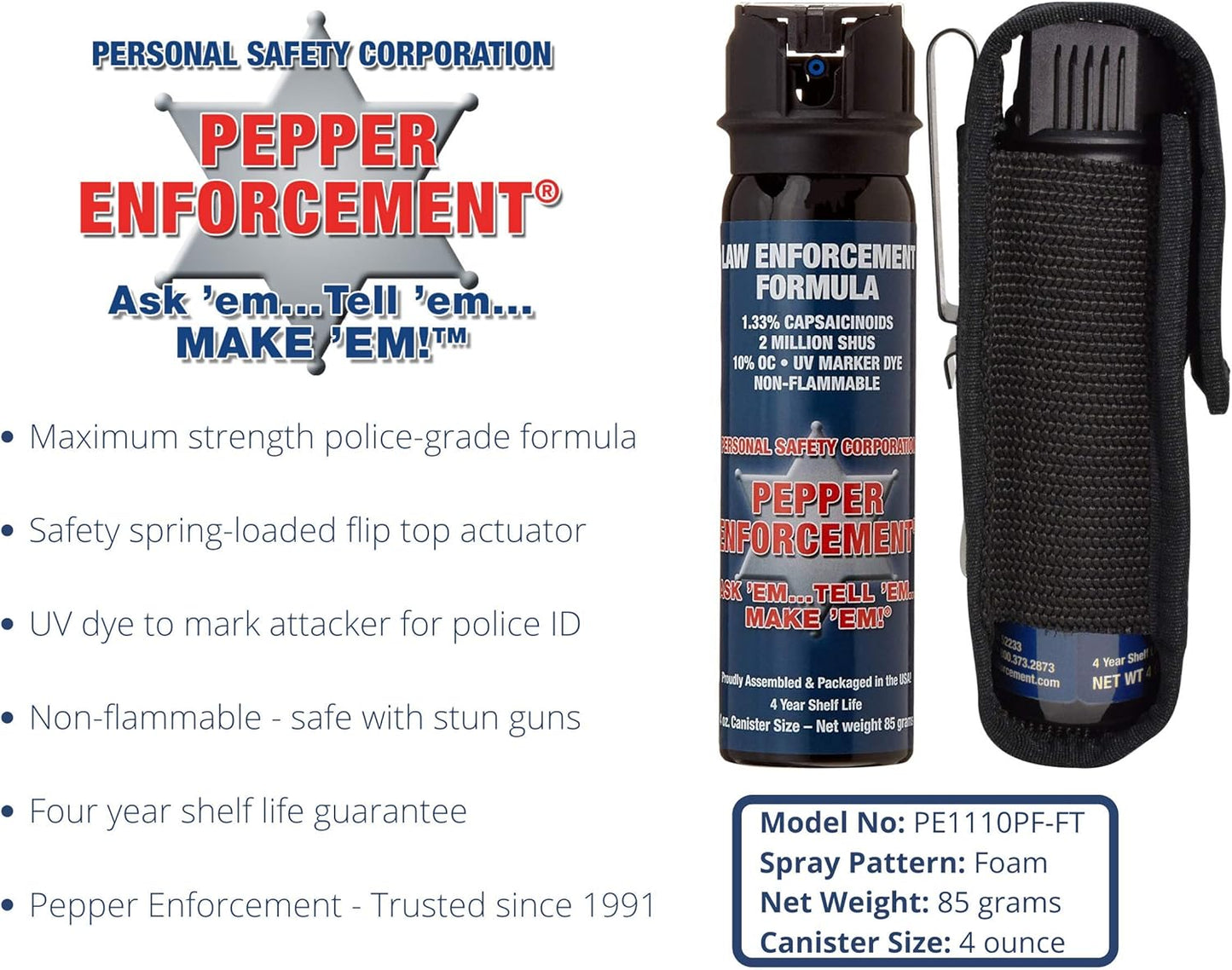 4 oz. Foam Pepper Spray with Tactical Metal Belt Clip Holster for Self Defense - Maximum Strength 10% OC Police Grade Formula, Safety Flip Top for Quick and Accurate Aim, Personal Safety Protection