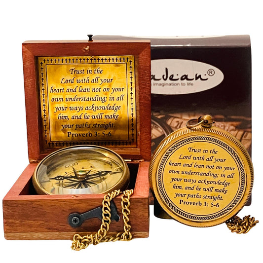 Trust in The Lord with All Your Heart -Proverbs 3: 5-6 Quote Engraved Compass Greeting Wood Box, Inspirational Gift, Baptism 2024 Graduation Day, (1 Trust in The Lord Compass)