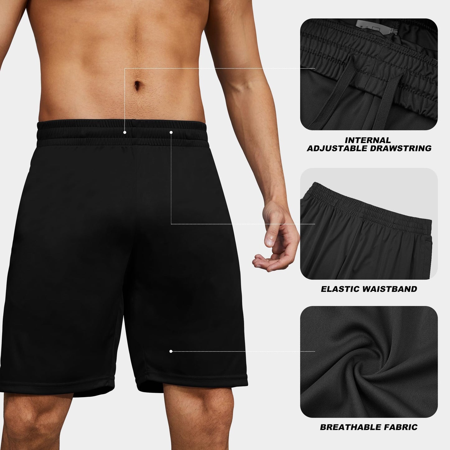 BVNSOZ Men's Athletic Shorts with Pockets and Elastic Waistband Quick Dry Workout Shorts for Men, Black x 5, M