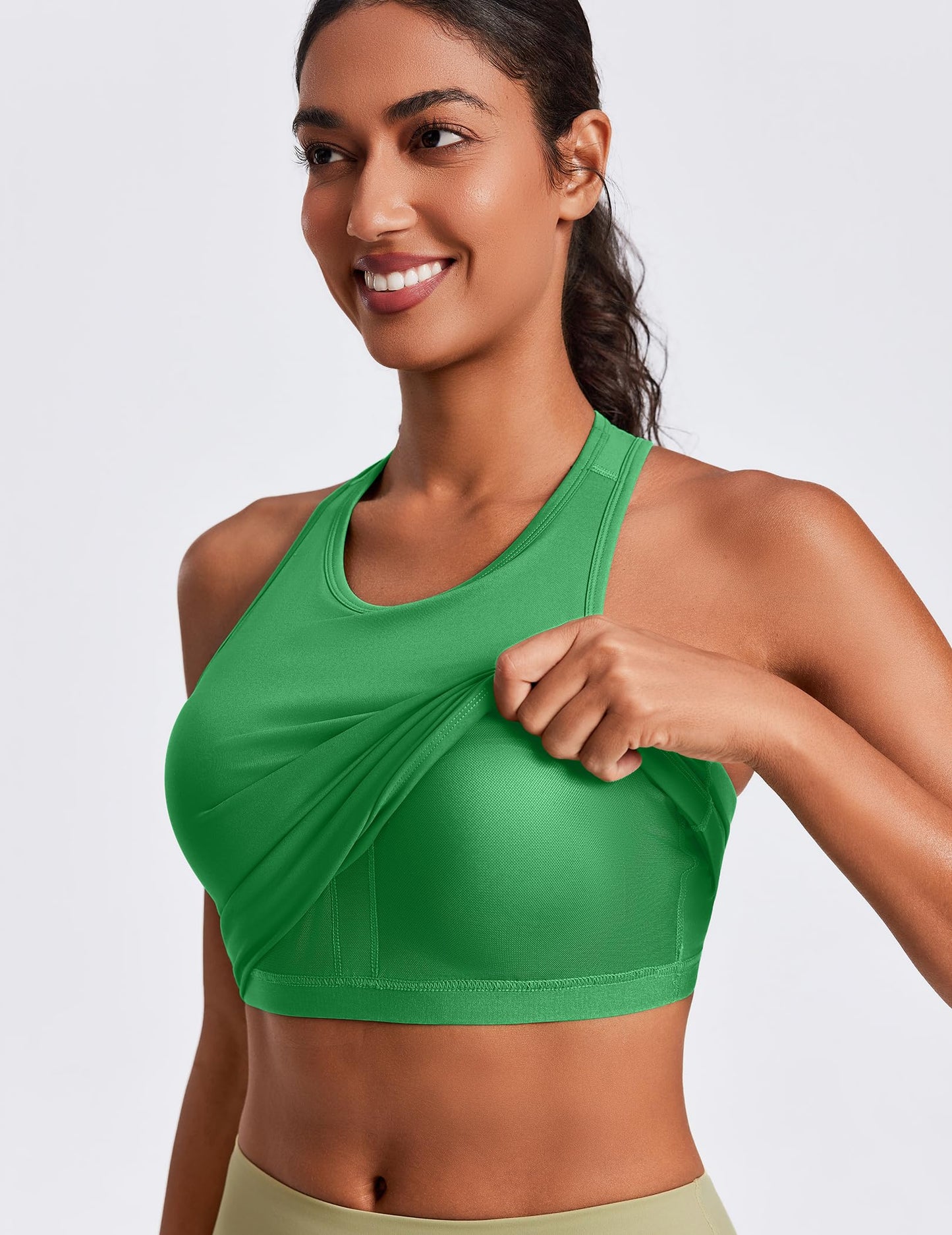 PINSPARK Womens Workout Tank Tops with Built in Bras Crew Neck Running Tank Racerback Moisture Wicking Yoga Top, Green XS