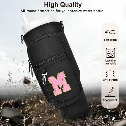LOKASS Water Bottle Holder for Stanley Cup 40oz, Stanley Cup Accessories A-Z Personalized Water Bottle Carrier Bag with Strap, Personalized Gifts for Women/Girls/Stanley Cup Fans