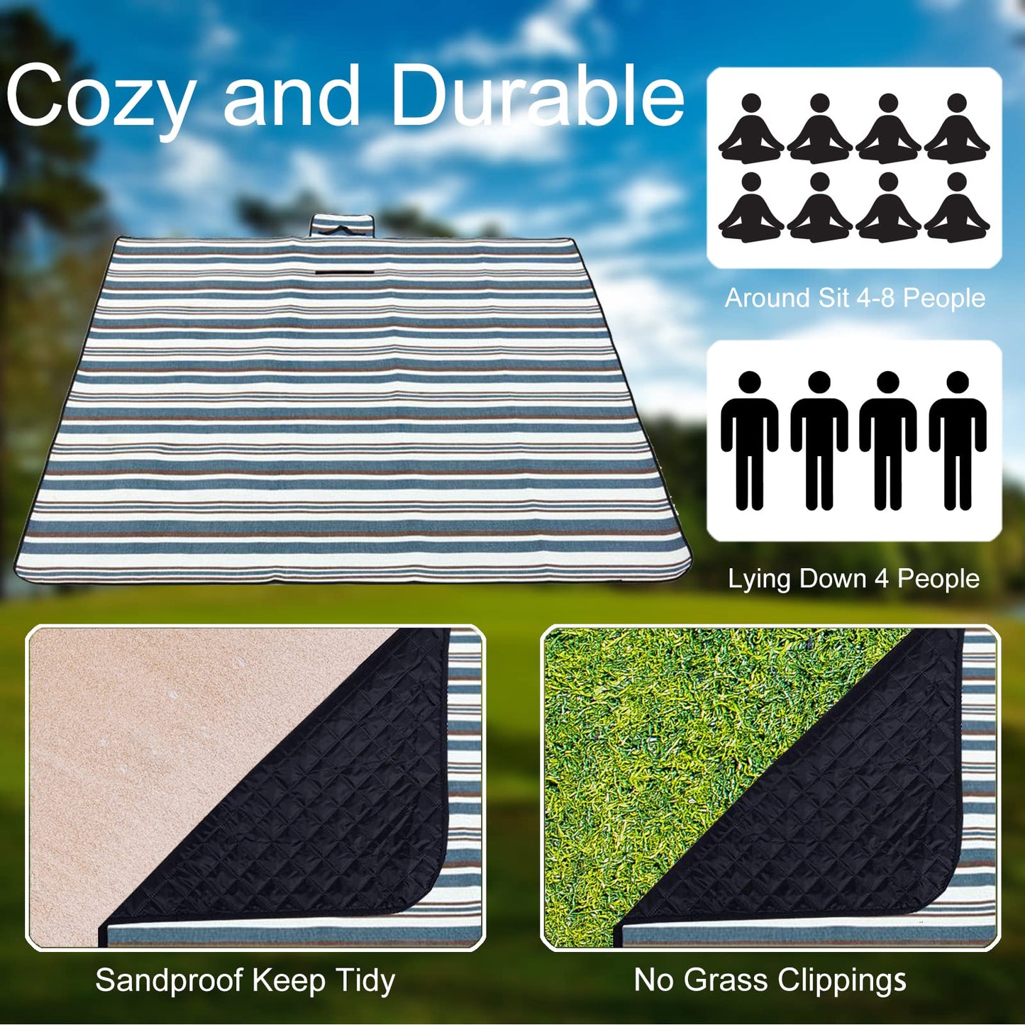 NKTDWO Extra Large Picnic Blankets, 80''X80'' Handy Sandproof Beach Mat, Portable Waterproof Outdoor Blankets for Spring Summer Park Travel, Hiking, Stadium Blanket Fit 4-8 Adults (Blue)