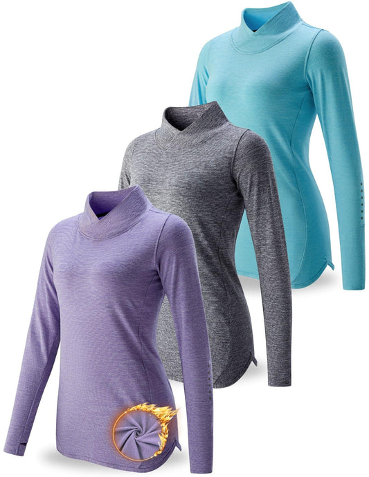3 Pack Women's Thermal Fleece Shirts Long Sleeve Mock Turtleneck Running Active Tops Workout Cold Weather Gear (Set 2, X-Large)