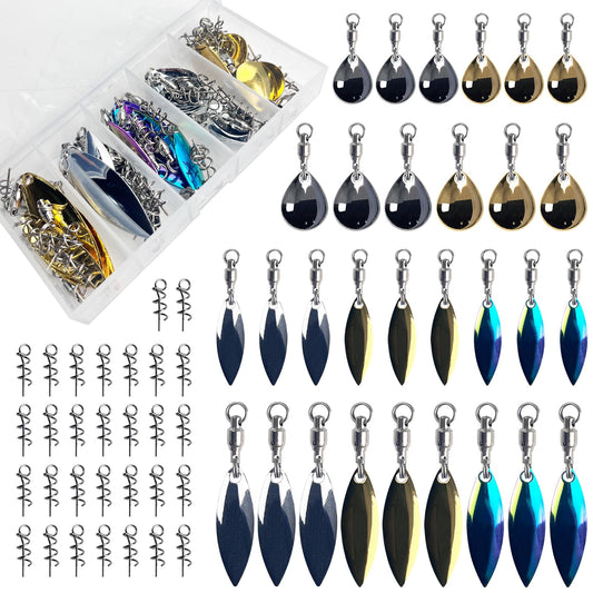 FREE FISHER 61Pcs Fishing Spinner Blades Tail Kit in 4 Sizes Drop Blades/Willow Blade Tails, Colorado Fishing Tail Spinner with Spring Pin Kit, Spinner Rigs Accessories Kit for Bass Walleye Pike