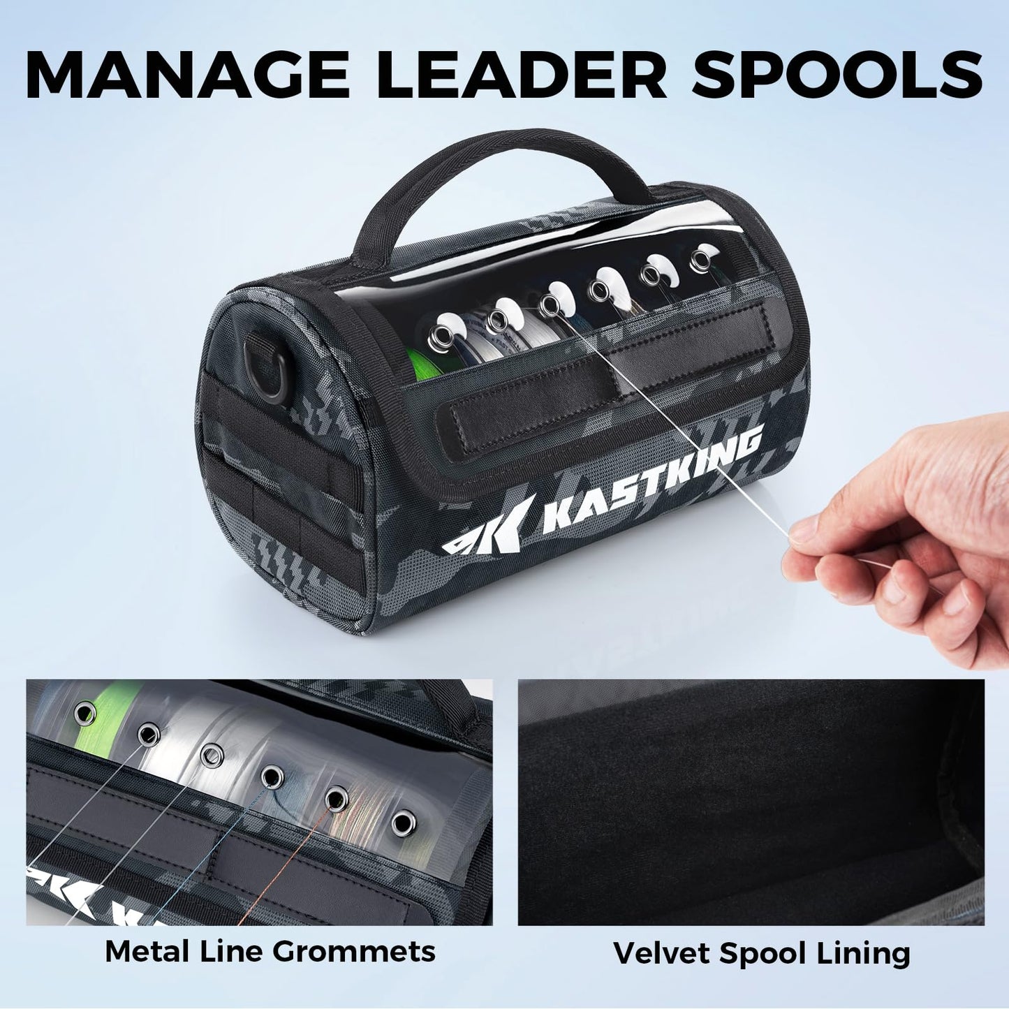KastKing BaitSpace Line Management Bag, Fishing Line Storage Bag with Water Resistant Nylon, Clear View Window, Removable Divider for Up to 10 Spools, Tangle-free Leader Line Holder