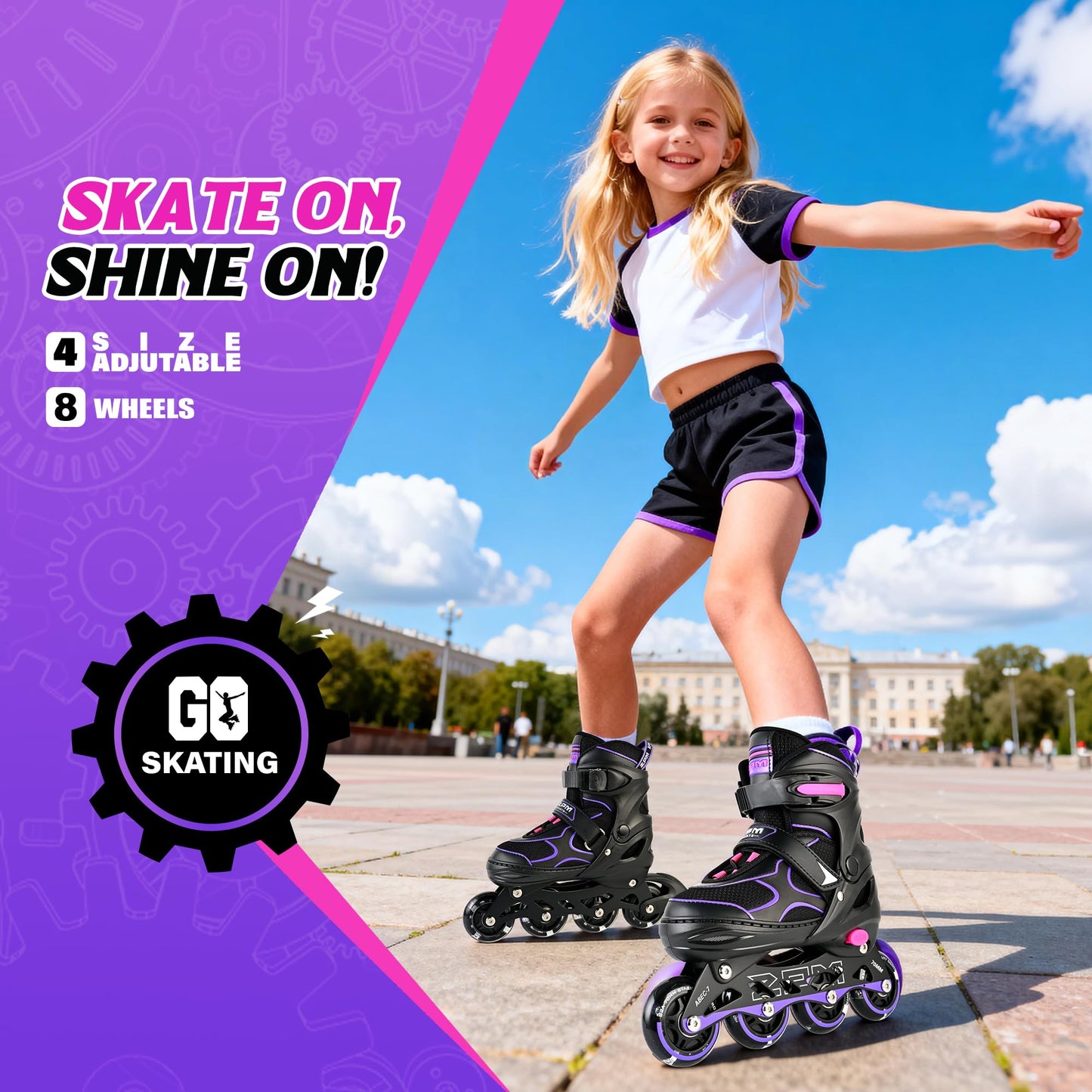 2PM SPORTS Inline Skates for Kids Girls Ages 4-8 8-12 3-5 4-6 6-12 10-12 with Light Up Wheels, Adjustable Kids Roller Skates Blades for Adults Women Beginners Youths Indoor Outdoor Purple, Medium