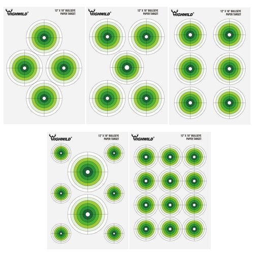 Highwild 12X18 Inch Bullseye Paper Target for Shooting Range Training - 5 Unique Patterns, Suitable for Pistols, Rifles, Airguns - Practice and Improve Your Aim (50)