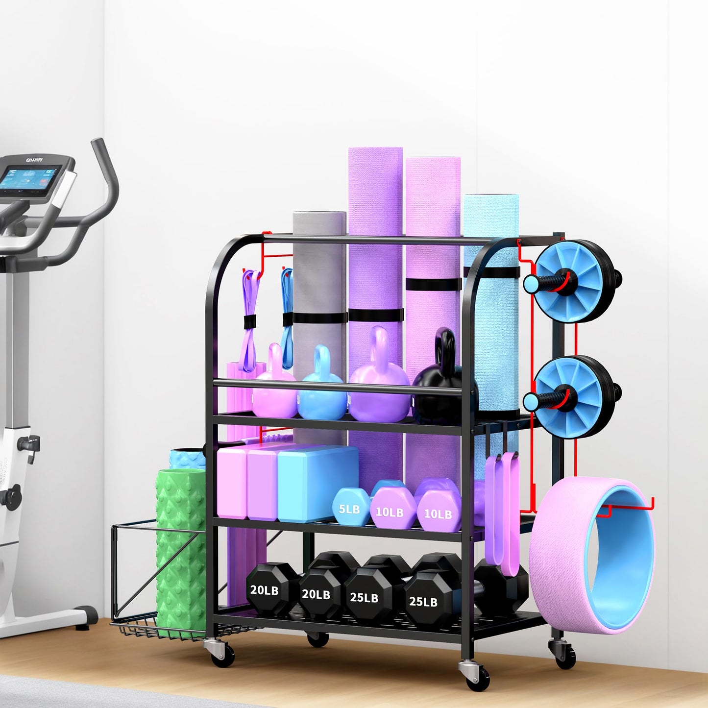 Home Gym Organizer - Yoga Mat Storage Rack, 400LBS Metal Gym Equipment Storage Cart with Large Basket & Movable Hooks, Dumbbell Rack & Weight Storage Racks for Workout Gear (Black)