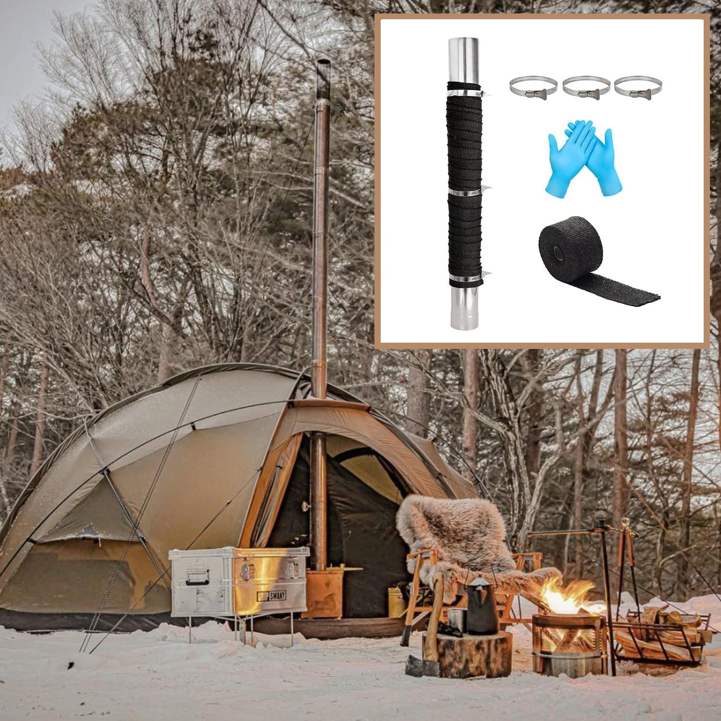 Generic Camping Tent Stove Stove Pipe Cover (2 Sets) and Fireproof Stove Pipe Anti-scalding Fiberglass Tape, 5 m/16.4 ft, biack